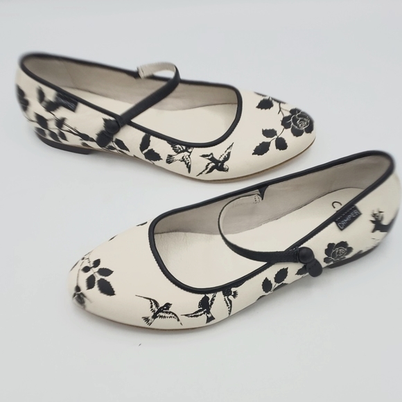 Camper Shoes - CAMPER RARE TWINS NAPA MARY JANE FLORAL BIRDS FLATS White/Black Size EU 38 US 8